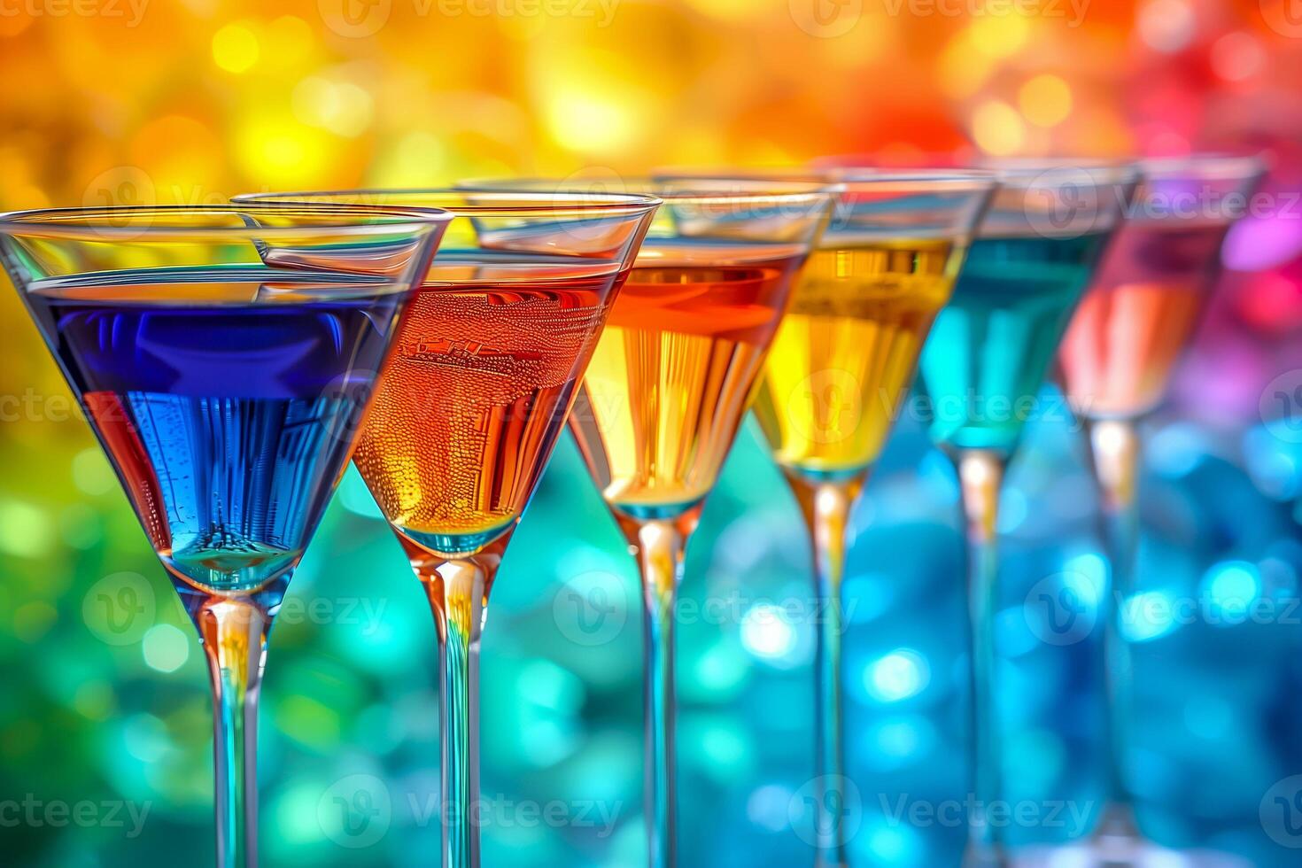 AI generated row of neon cocktails arranged on a bar counter, with a soft blurred background photo