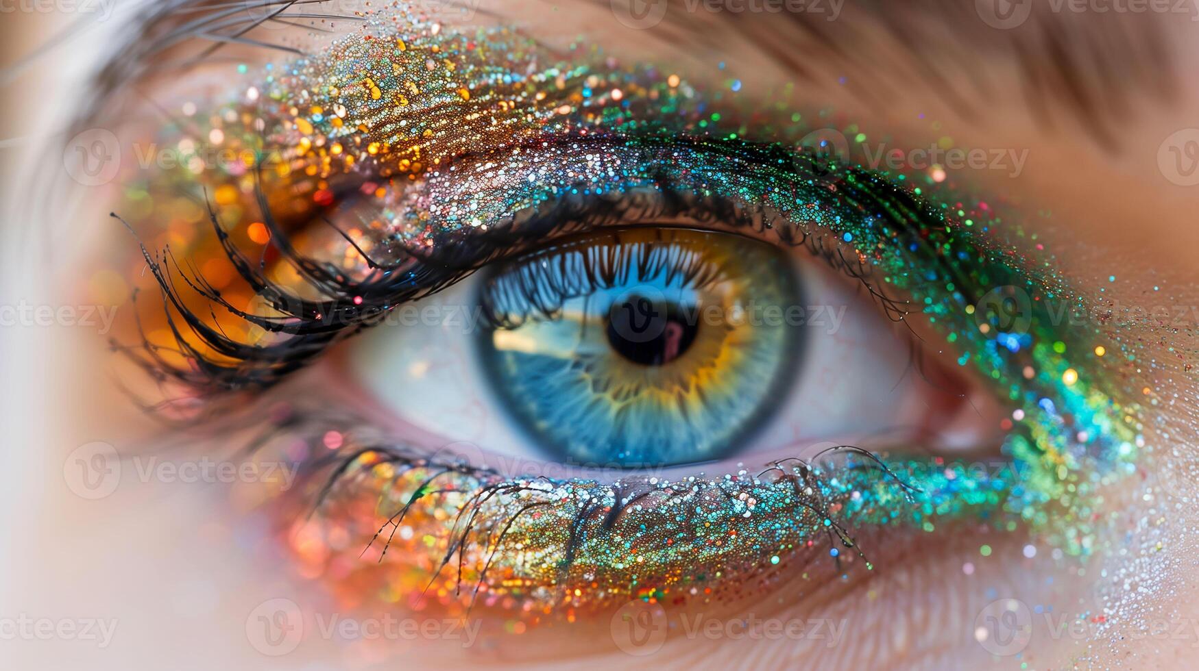 AI generated close up macro shot of woman eye with shimmering glitter make up, eye glitter glow photo
