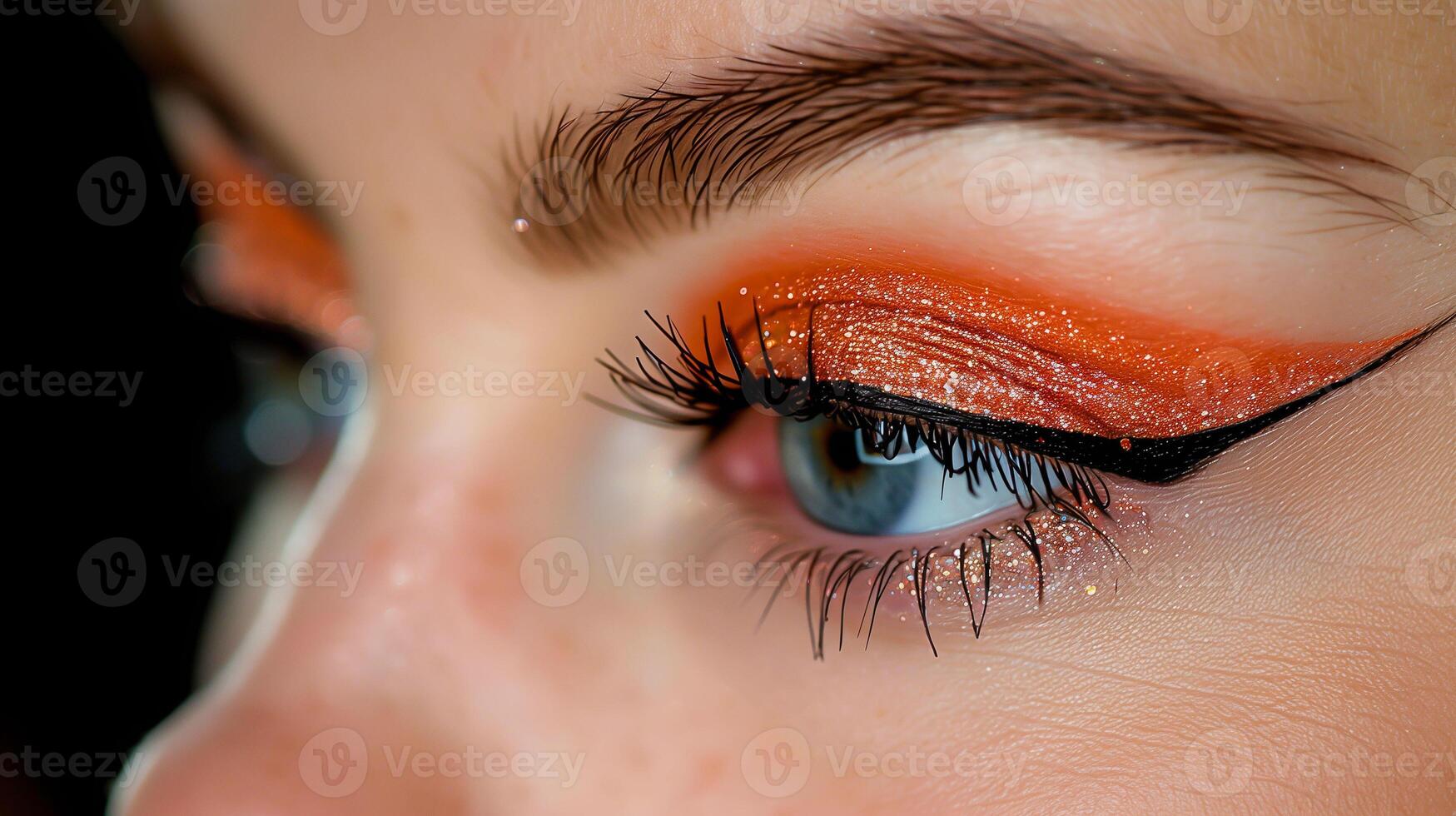AI generated close up macro shot of woman eye with shimmering glitter make up, eye glitter glow photo