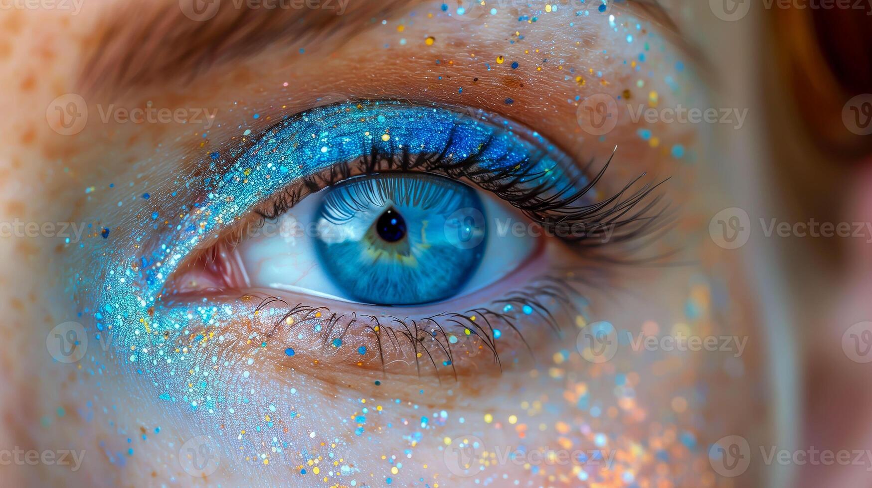 ai generado cerca arriba macro Disparo de mujer ojo con reluciente Brillantina hacer arriba, ojo Brillantina resplandor foto