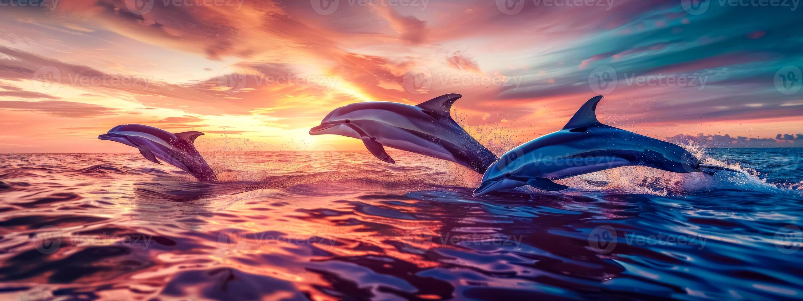 AI Generated Majestic dolphins leaping at sunset photo