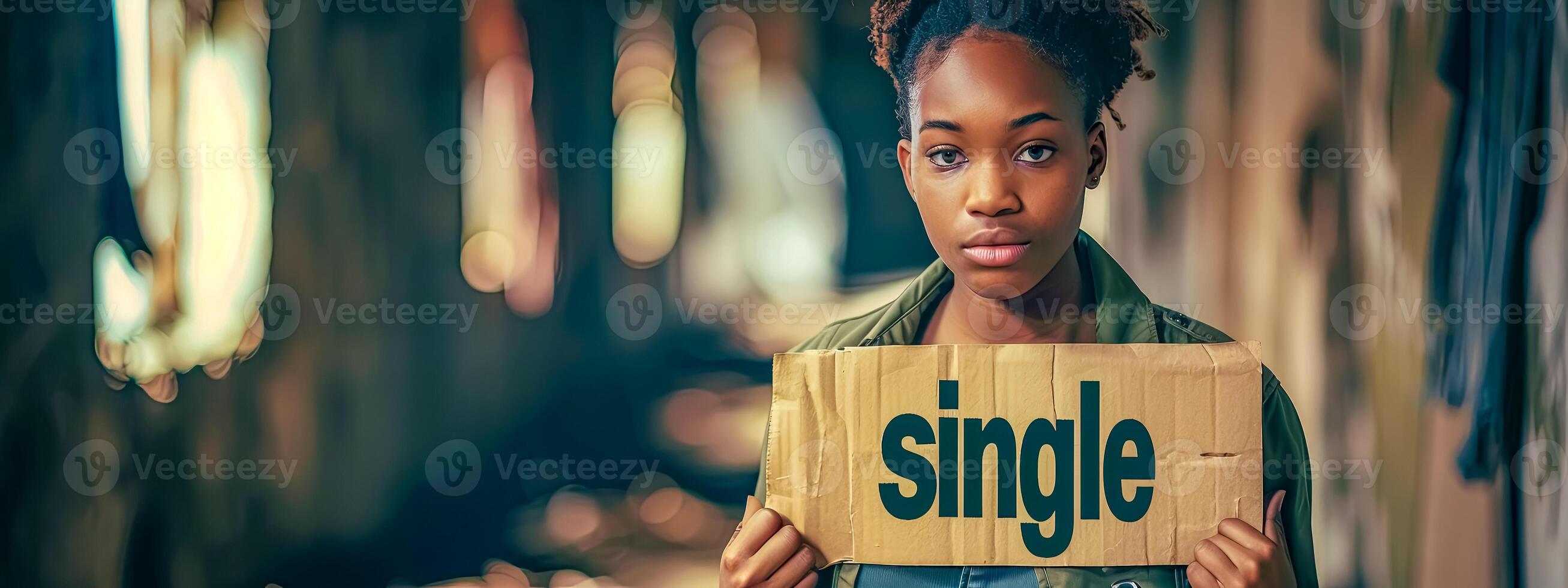 AI Generated Young woman holding single sign, copy space photo