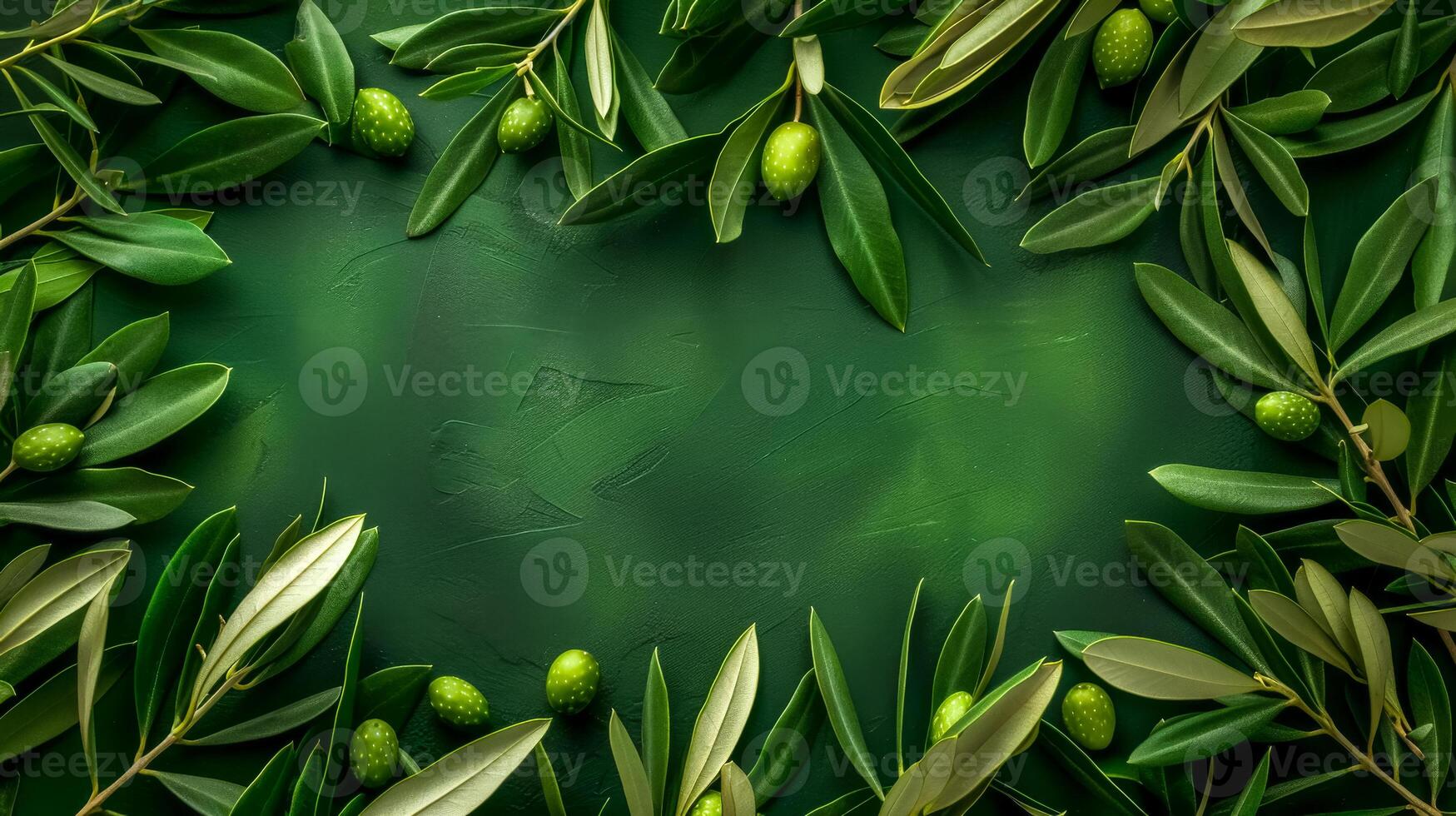 AI Generated Fresh olive branches on dark green background photo