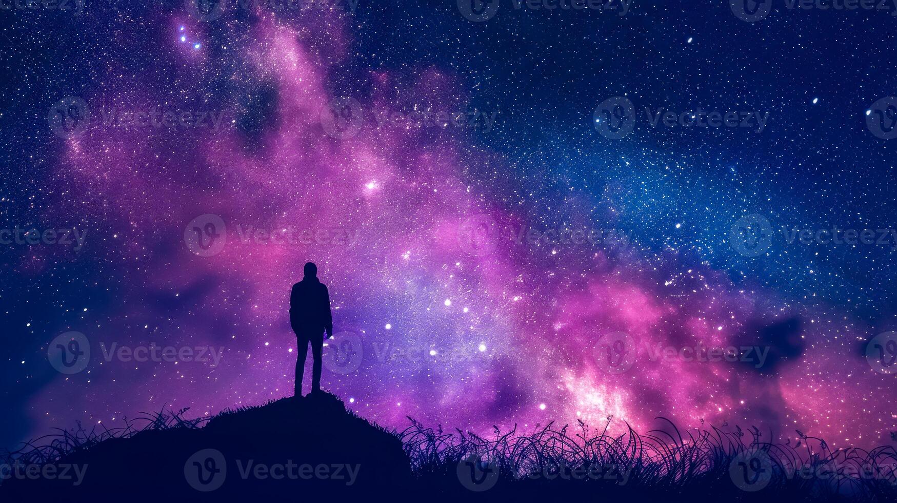 AI Generated Silhouette of a person gazing at starry night sky photo