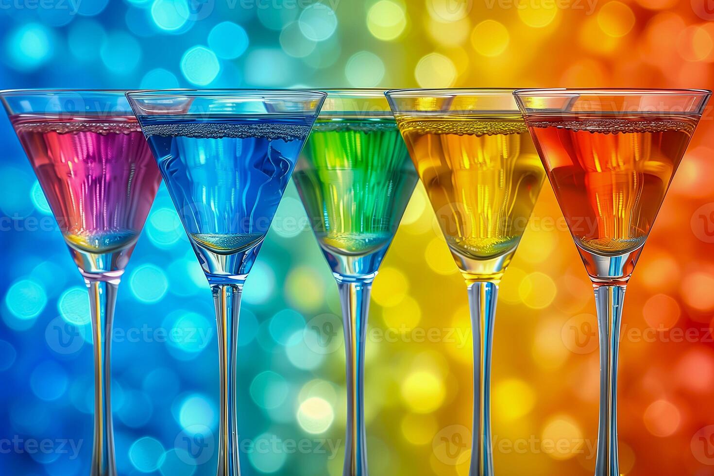 AI generated row of neon cocktails arranged on a bar counter, with a soft blurred background photo