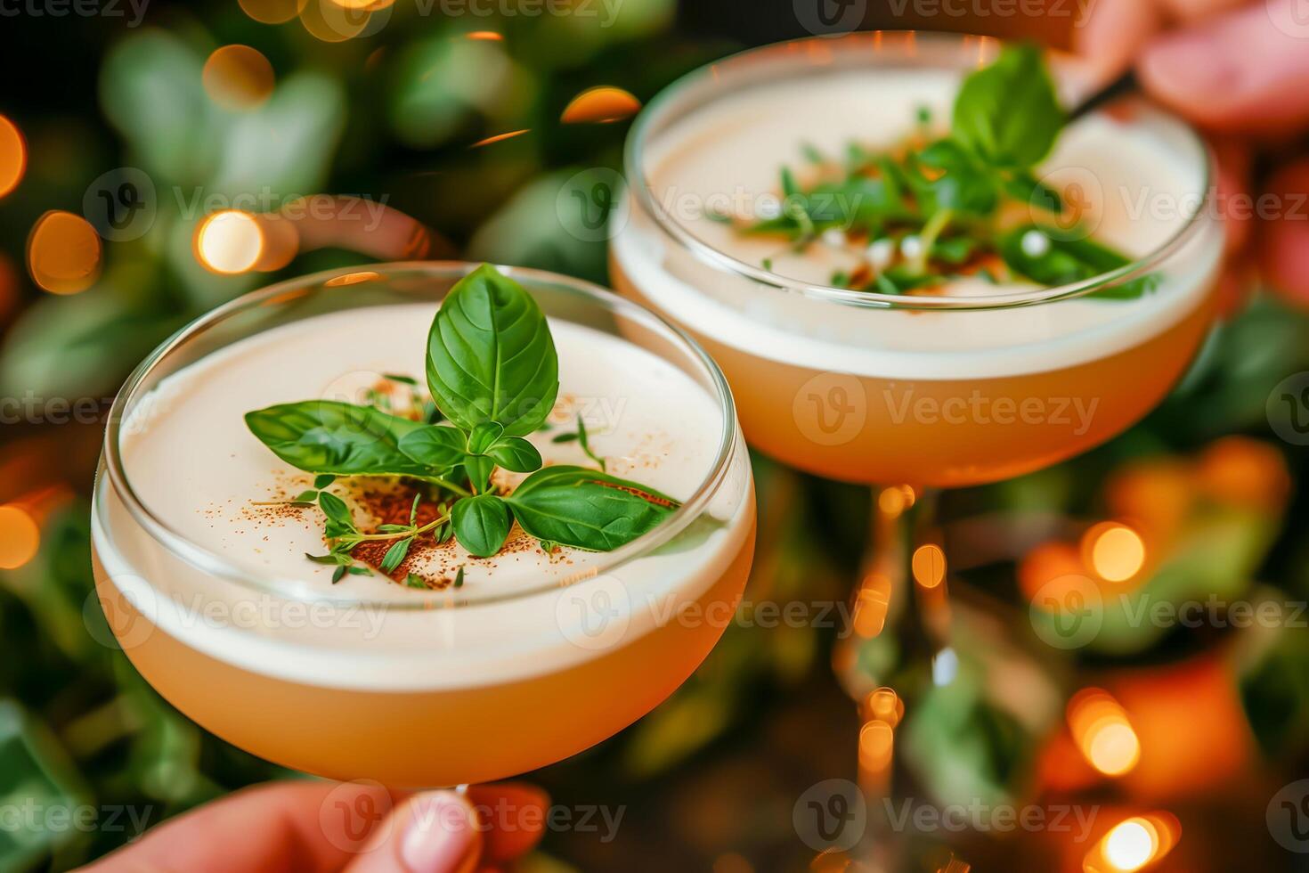 AI generated Close-up of two hands holding glasses with cocktails at a bar, Cropped image of friends clinking glasses with cocktails photo