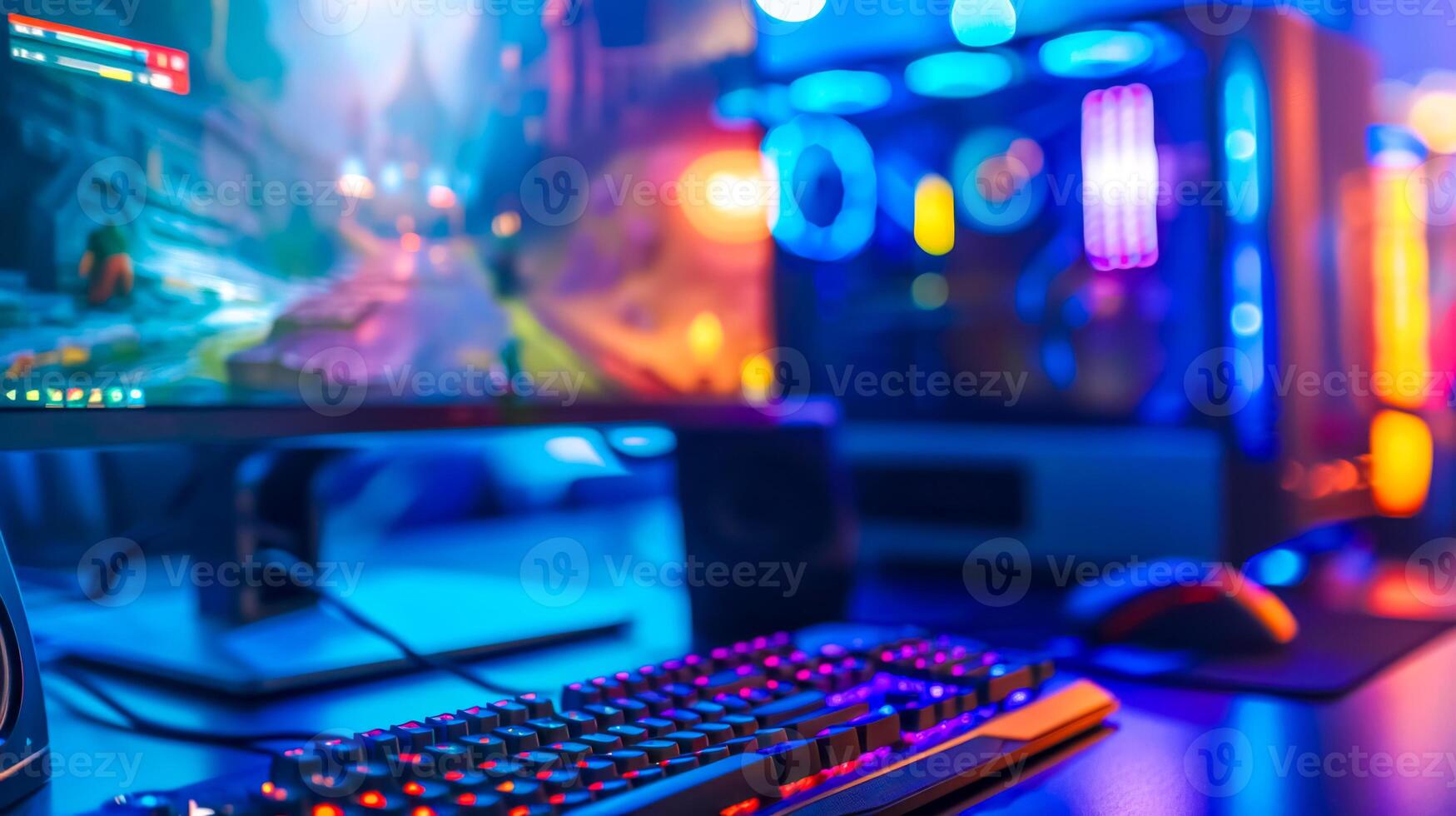 AI Generated Vibrant gaming setup with neon lights photo