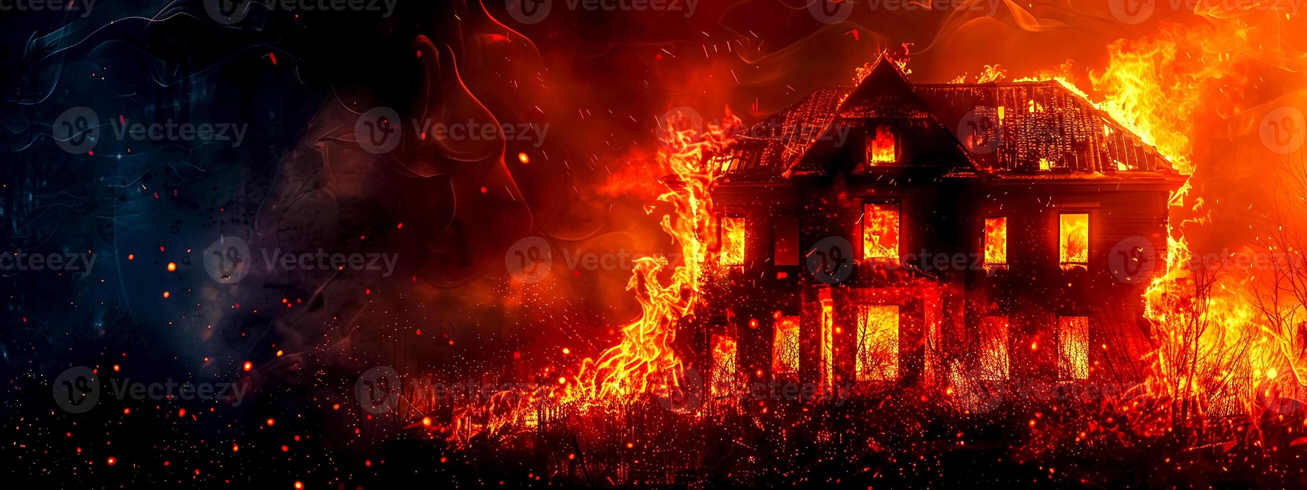 AI Generated Inferno engulfs abandoned mansion at night photo