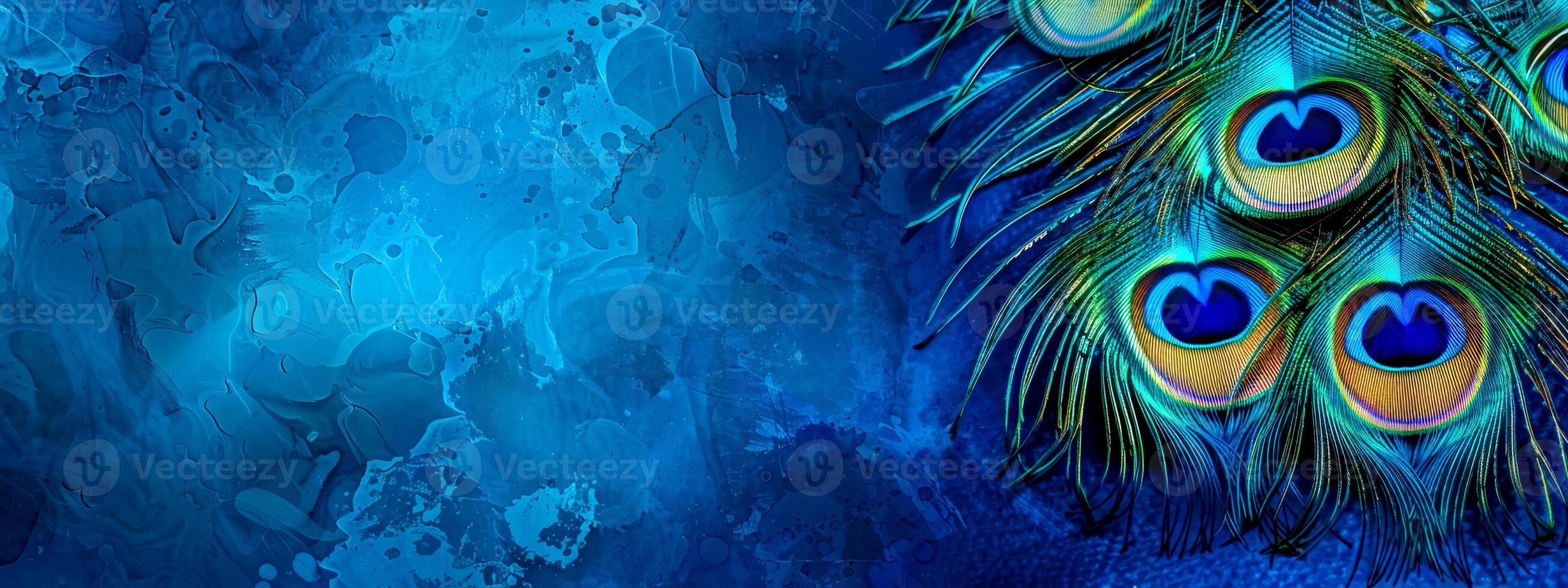 AI Generated Vibrant peacock feather art on blue texture photo