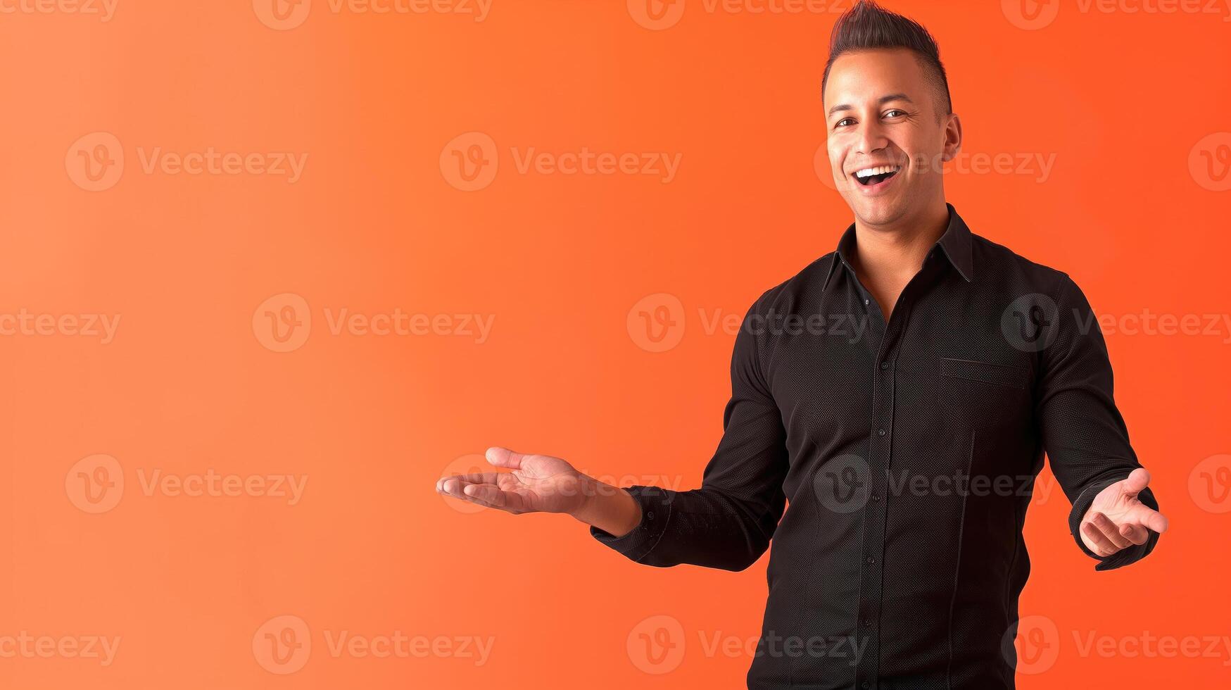 AI generated Positive Vibes, Confident Cheerful Man Pointing to an Empty Space Next to Him, Generative AI photo