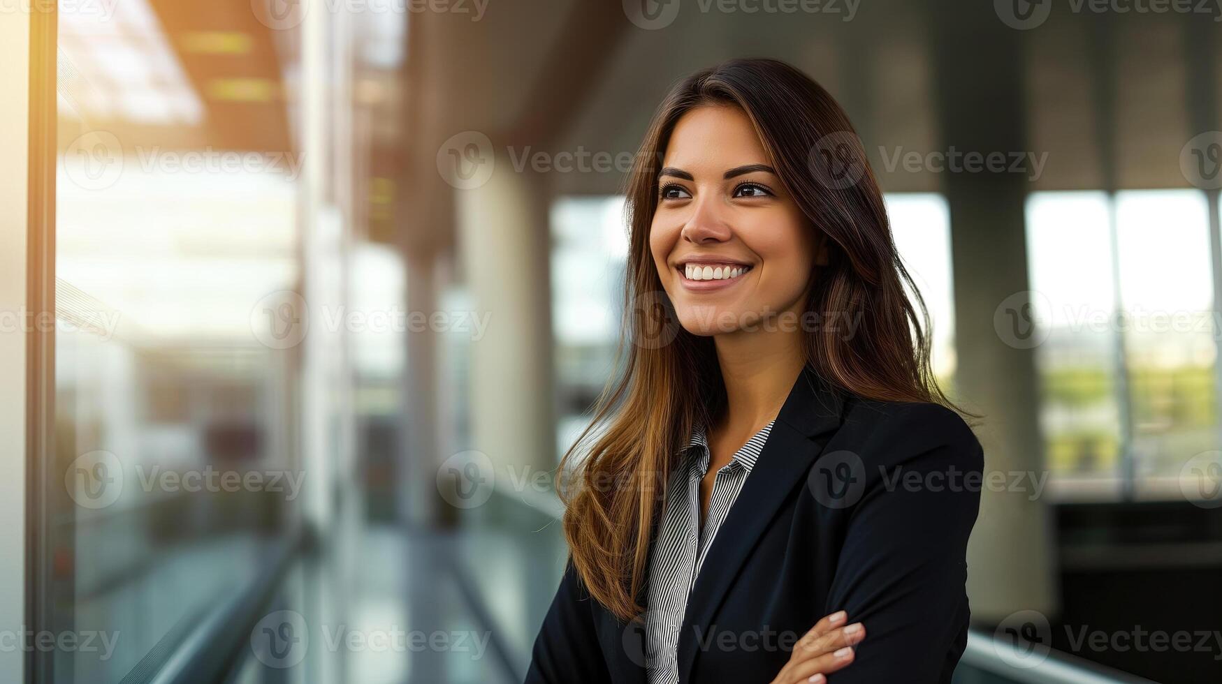 AI generated Effortlessly Confident, A Business Woman Smiling in the Office Building Lobby, Generative AI photo