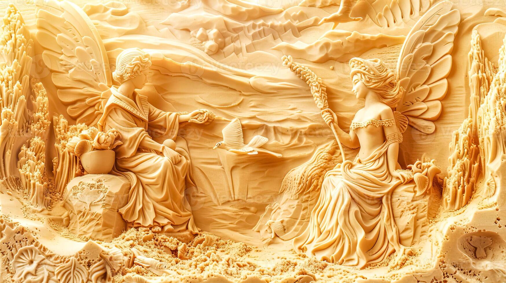 AI Generated Engraved mythical scene with angels in sand photo