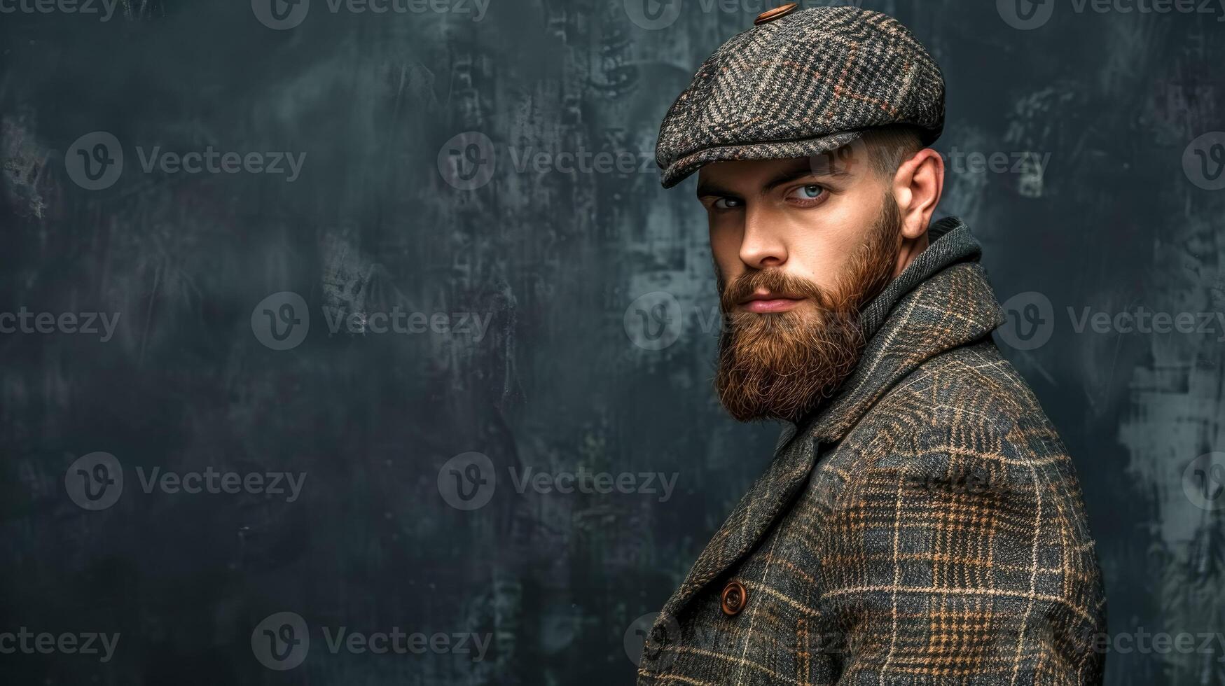 AI Generated Stylish man with beard in classic tweed cap photo