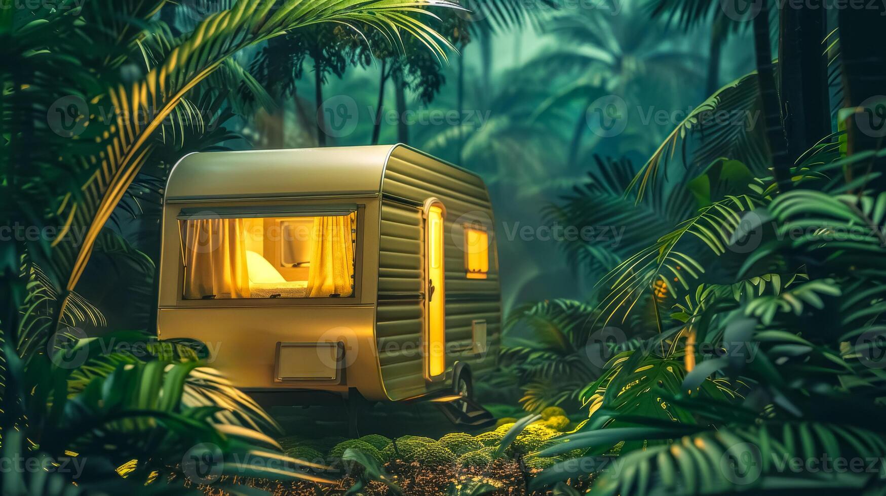 AI Generated Cozy caravan in enchanted forest at twilight photo