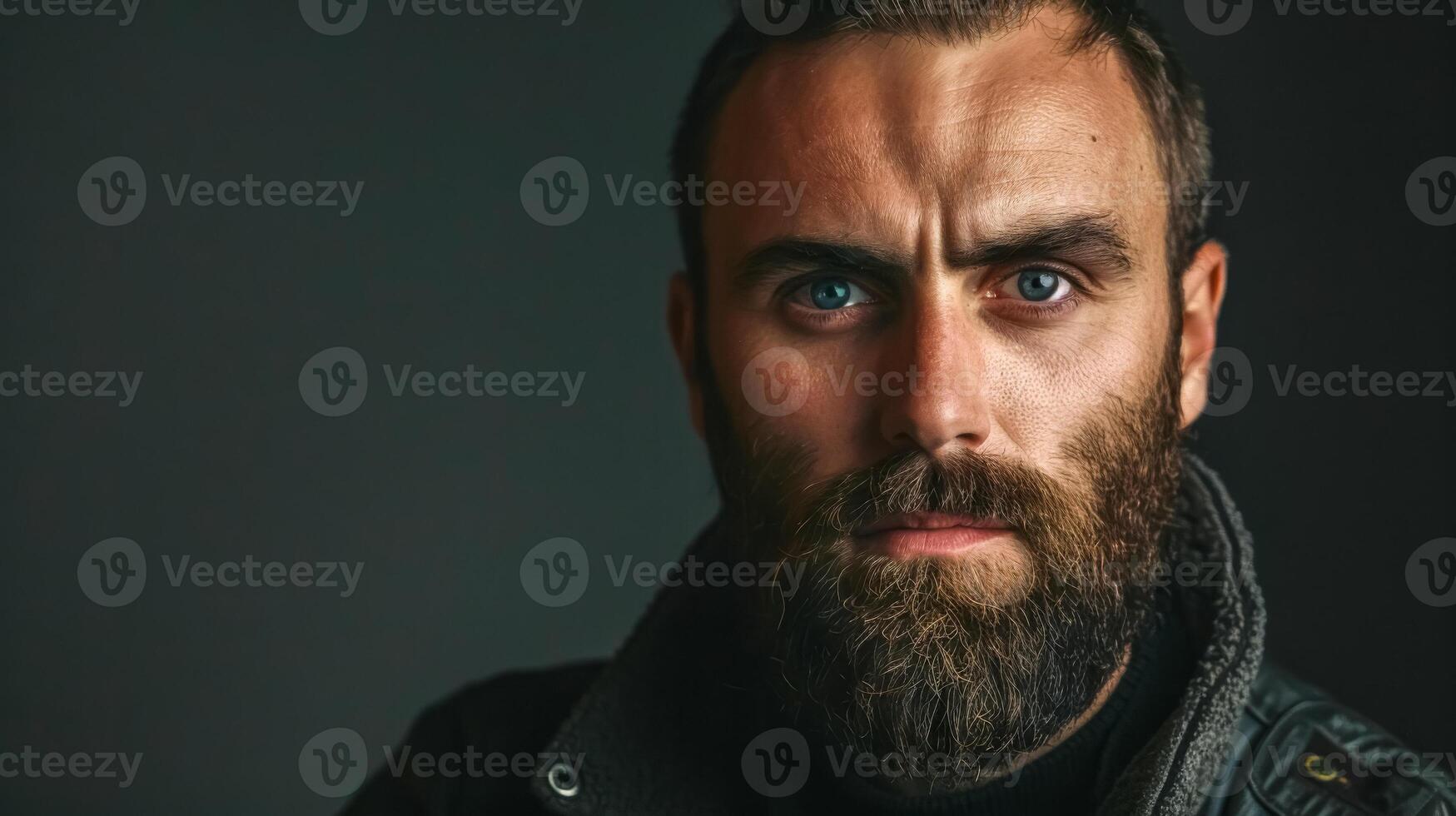 AI Generated Close-up of a bearded man with intense gaze against dark background photo