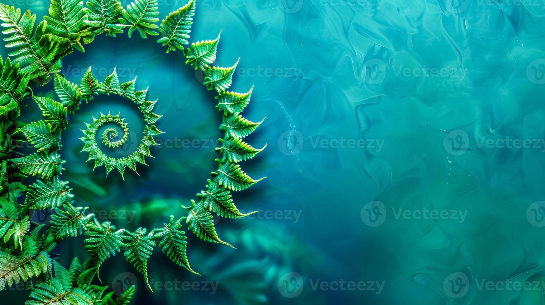 AI Generated Fern spiral over abstract blue water background photo