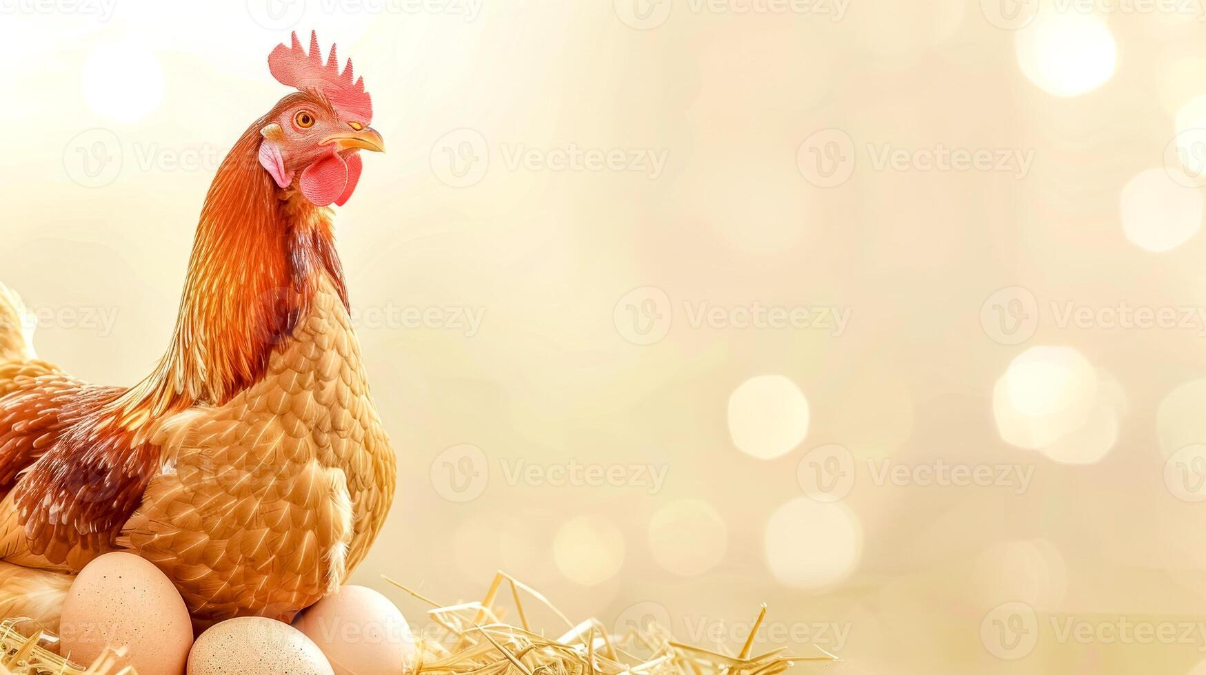 AI Generated Hen on nest with fresh eggs against golden background photo