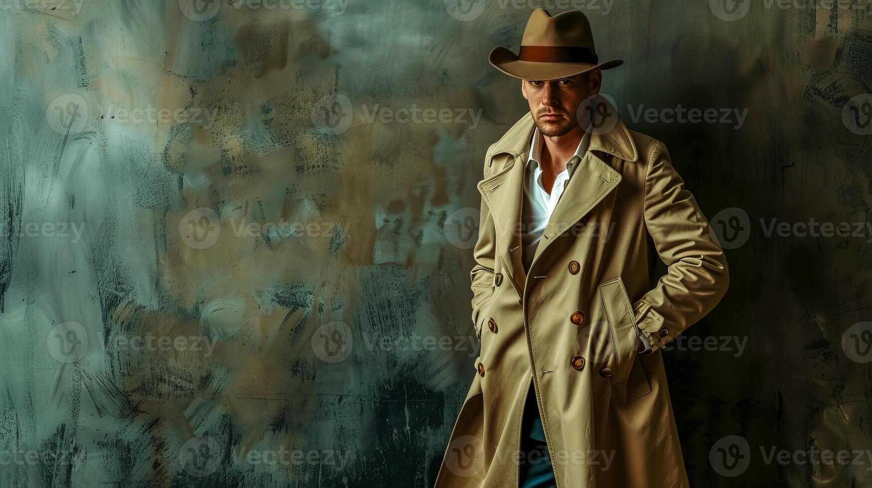 AI Generated Mysterious man in trench coat posing against grunge background photo