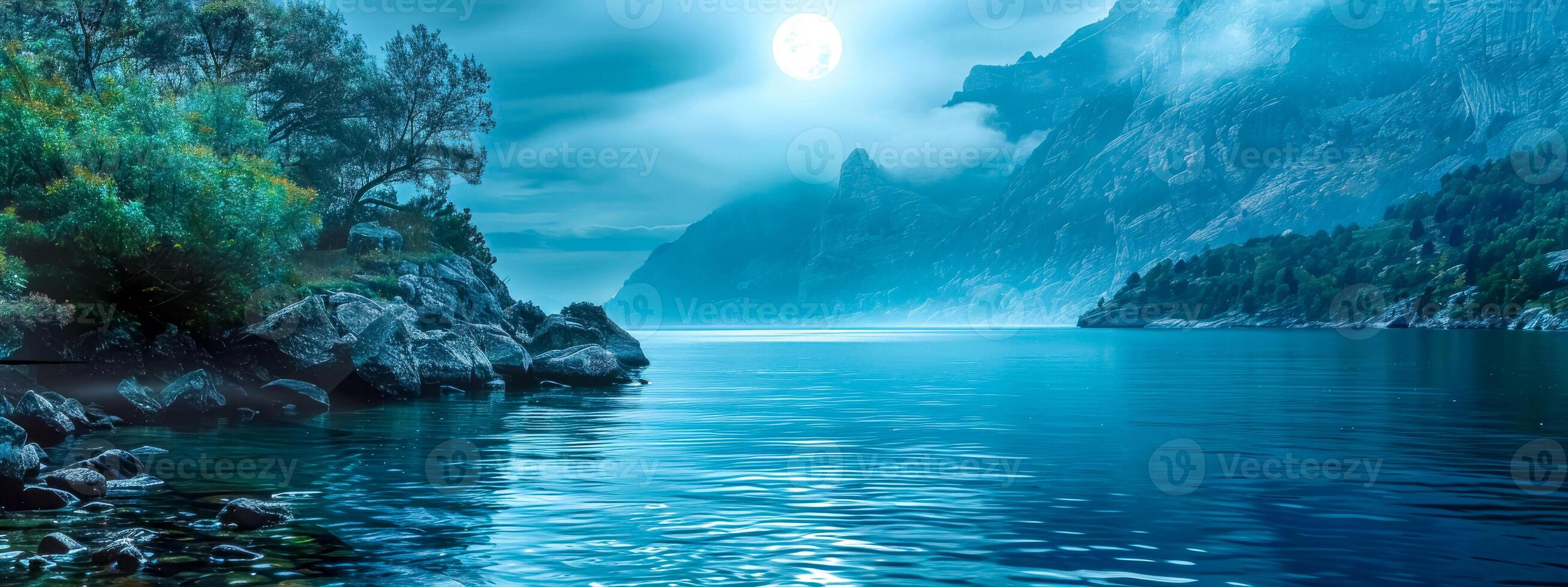 AI Generated Serene night scene with a luminous full moon over a tranquil mountain lake photo