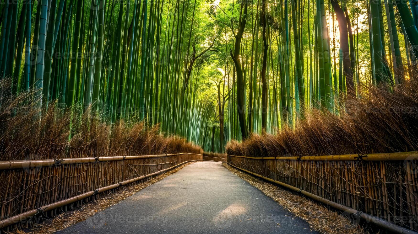 AI Generated Serene bamboo forest pathway at sunset photo