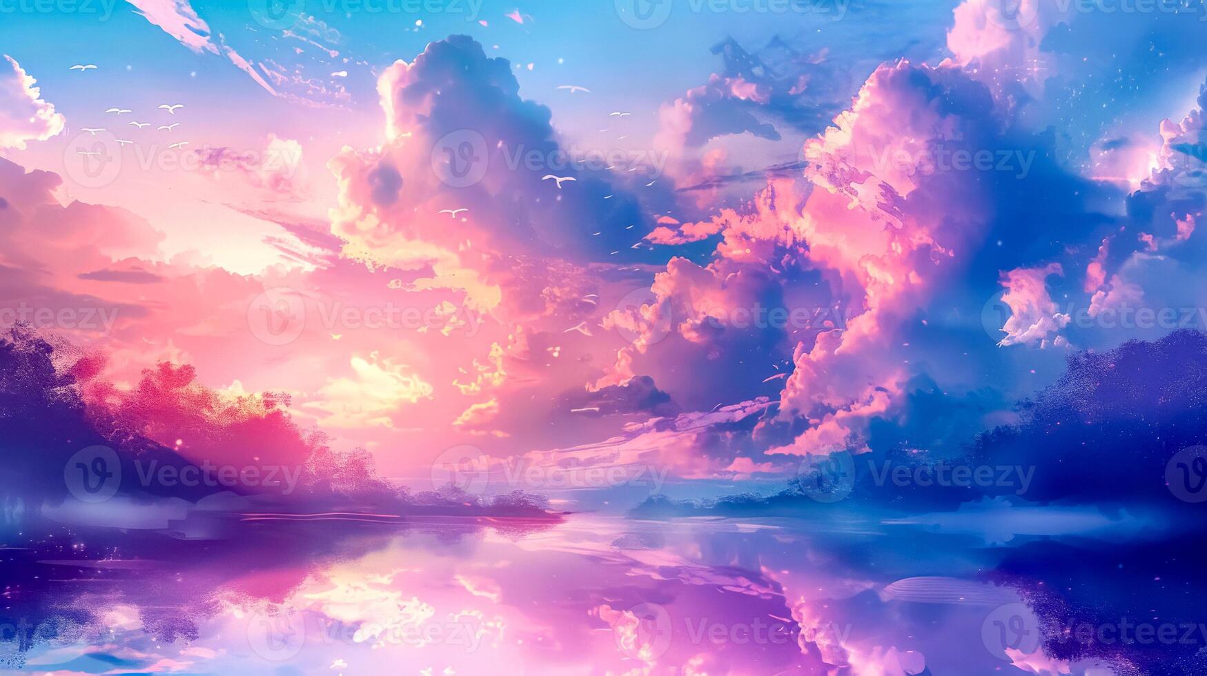 AI Generated Dreamy pink sunset over tranquil lake photo
