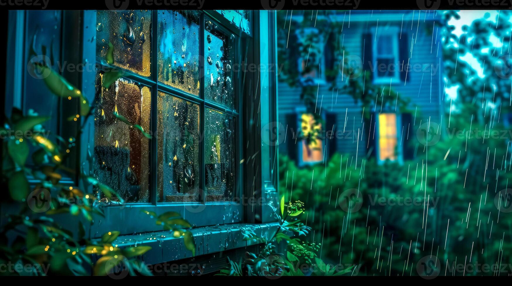 AI Generated Cozy rainy evening by a window photo