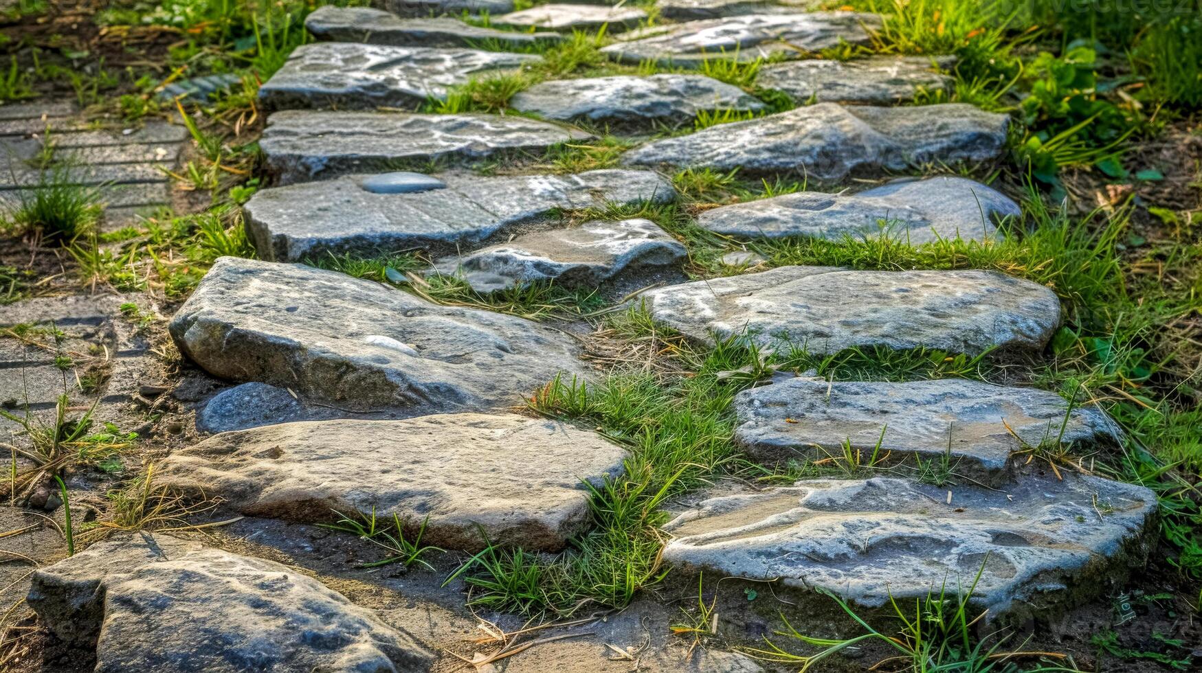 AI Generated Sunlit cobblestone path with green grass photo