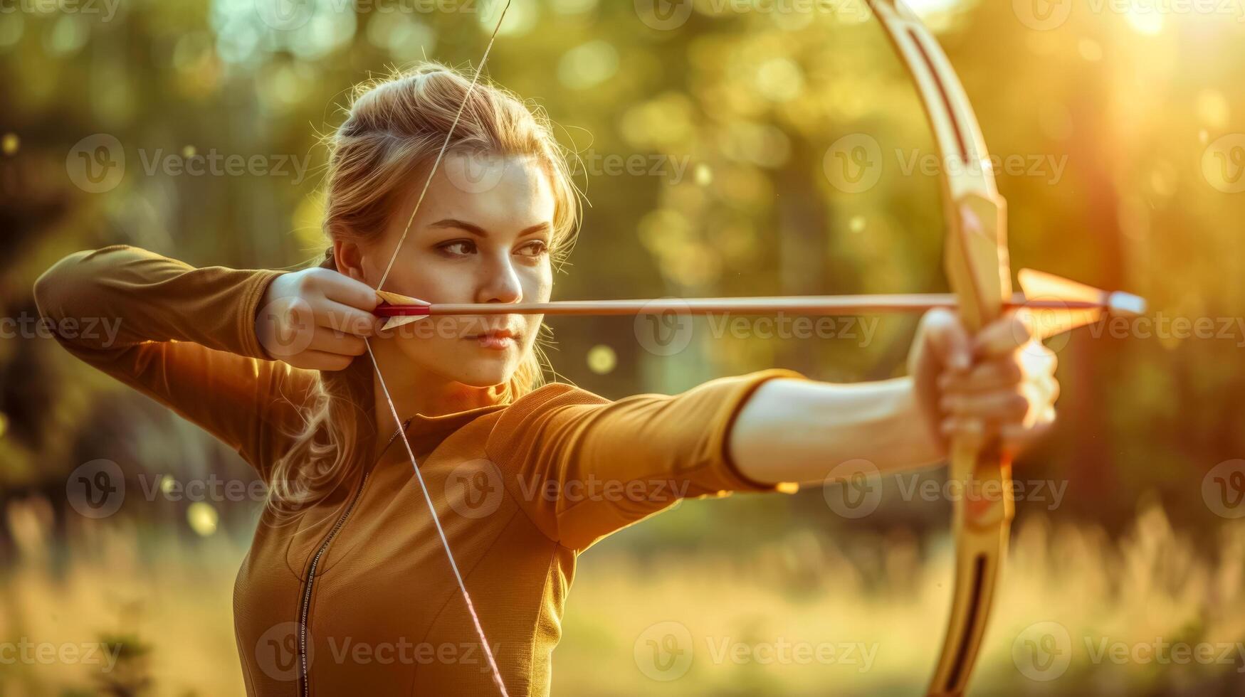 ai generado concentrado hembra arquero puntería con arco en bosque ligero foto