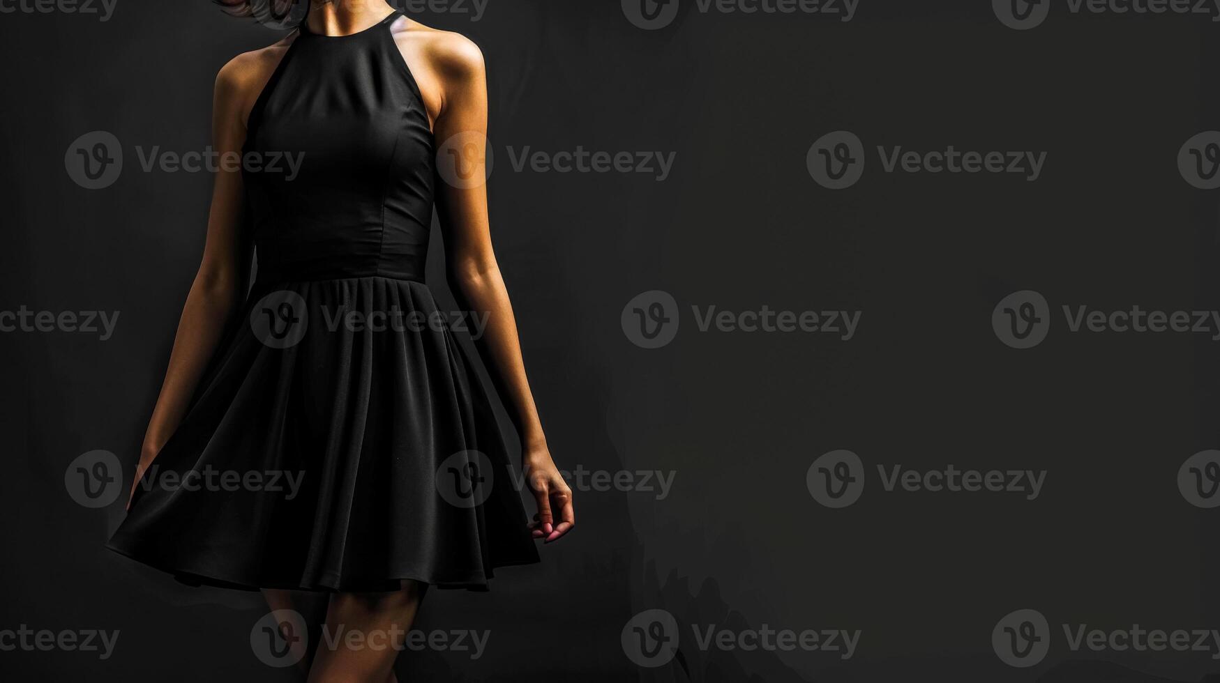 AI Generated Elegant woman in black dress on dark background photo