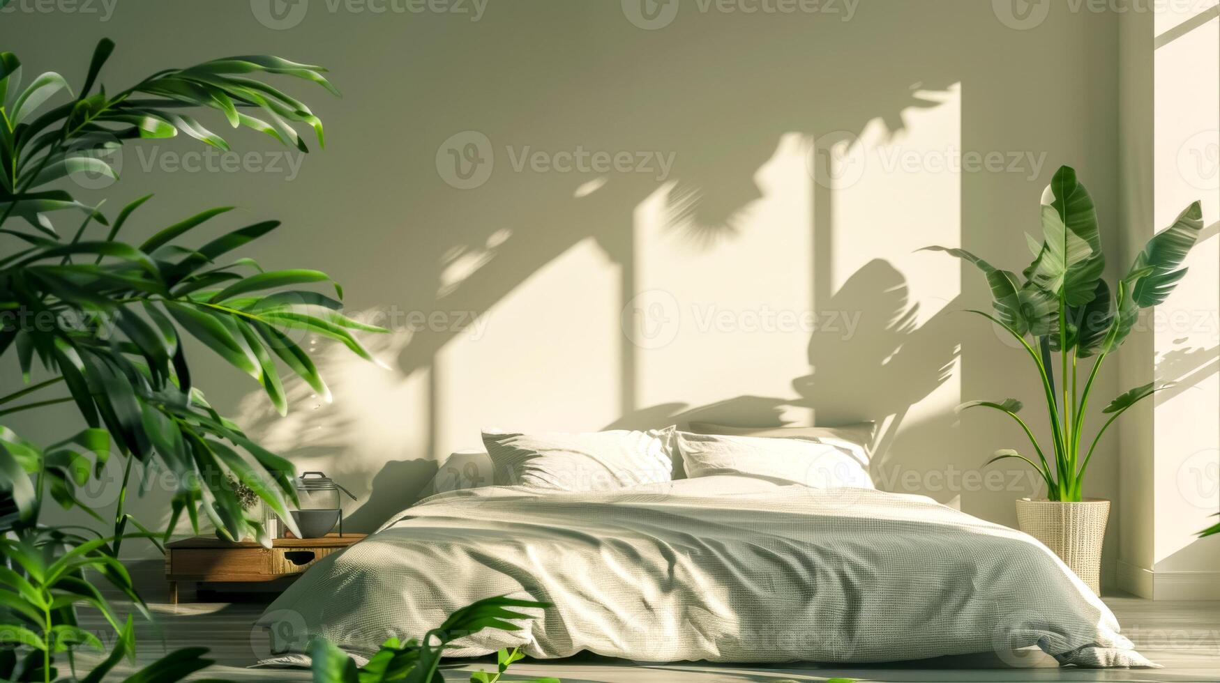 AI Generated Serene bedroom with natural light photo