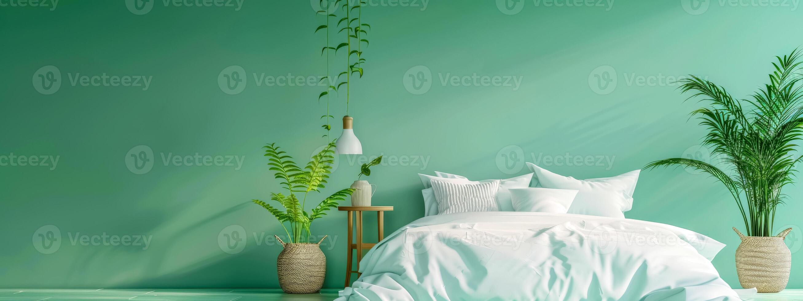 ai generado sereno dormitorio interior con verde acento pared foto