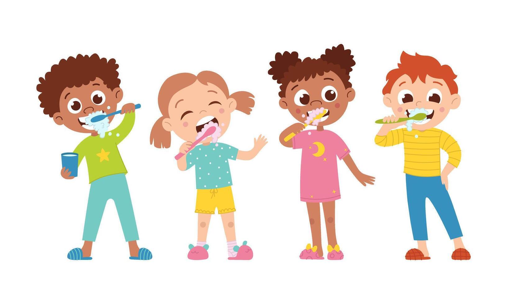 conjunto de internacional Niños y chicas. niños y higiene. un niño cepillos su dientes. vector plano dibujos animados ilustración