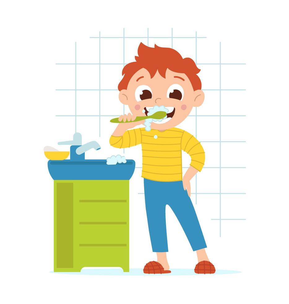 The boy brushes his teeth. Child and oral hygiene. Vector flat cartoon isolated illustration