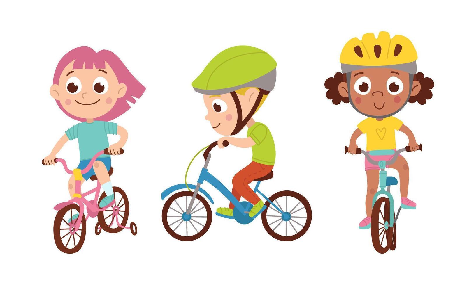 A child rides a bicycle. Boy and girl. International. Vector flat cartoon isolated