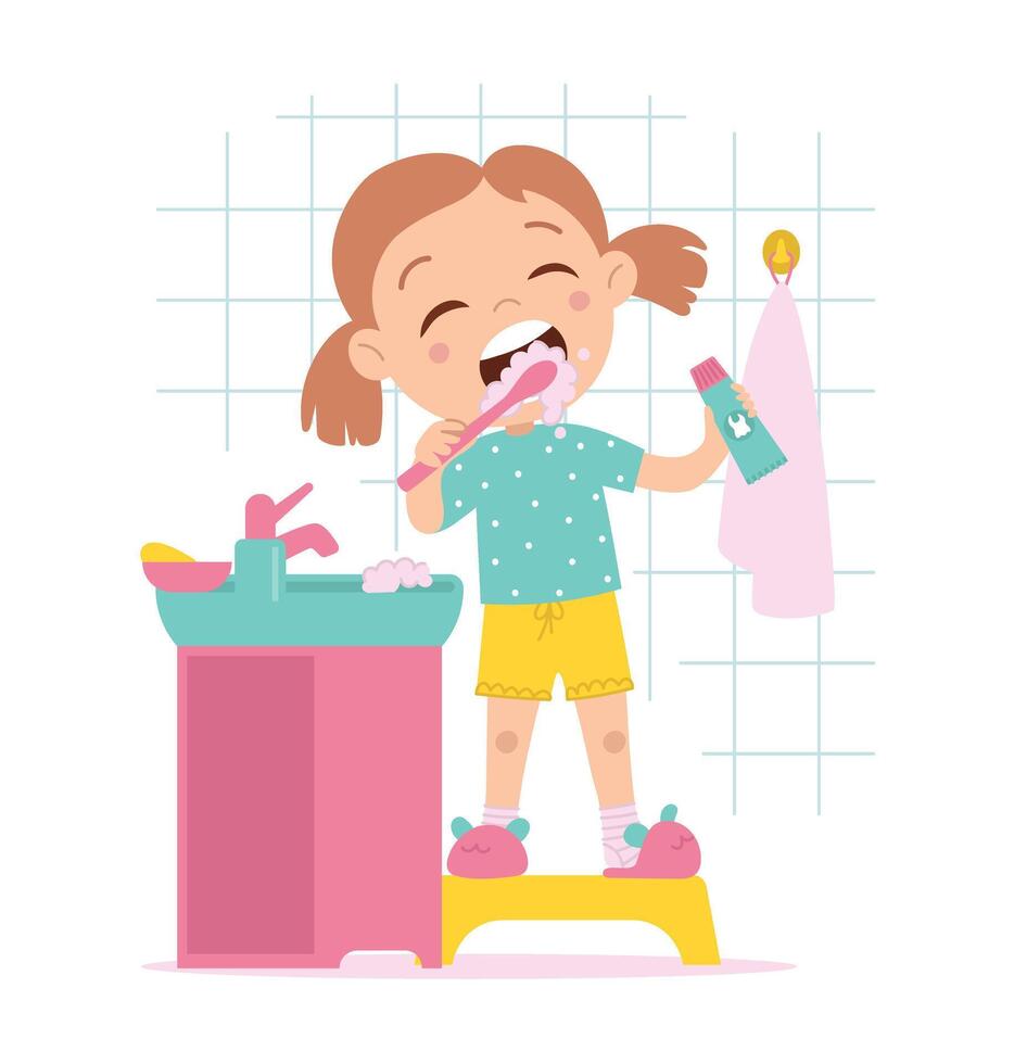 A little girl brushes her teeth. Child and oral hygiene. Vector flat cartoon isolated illustration