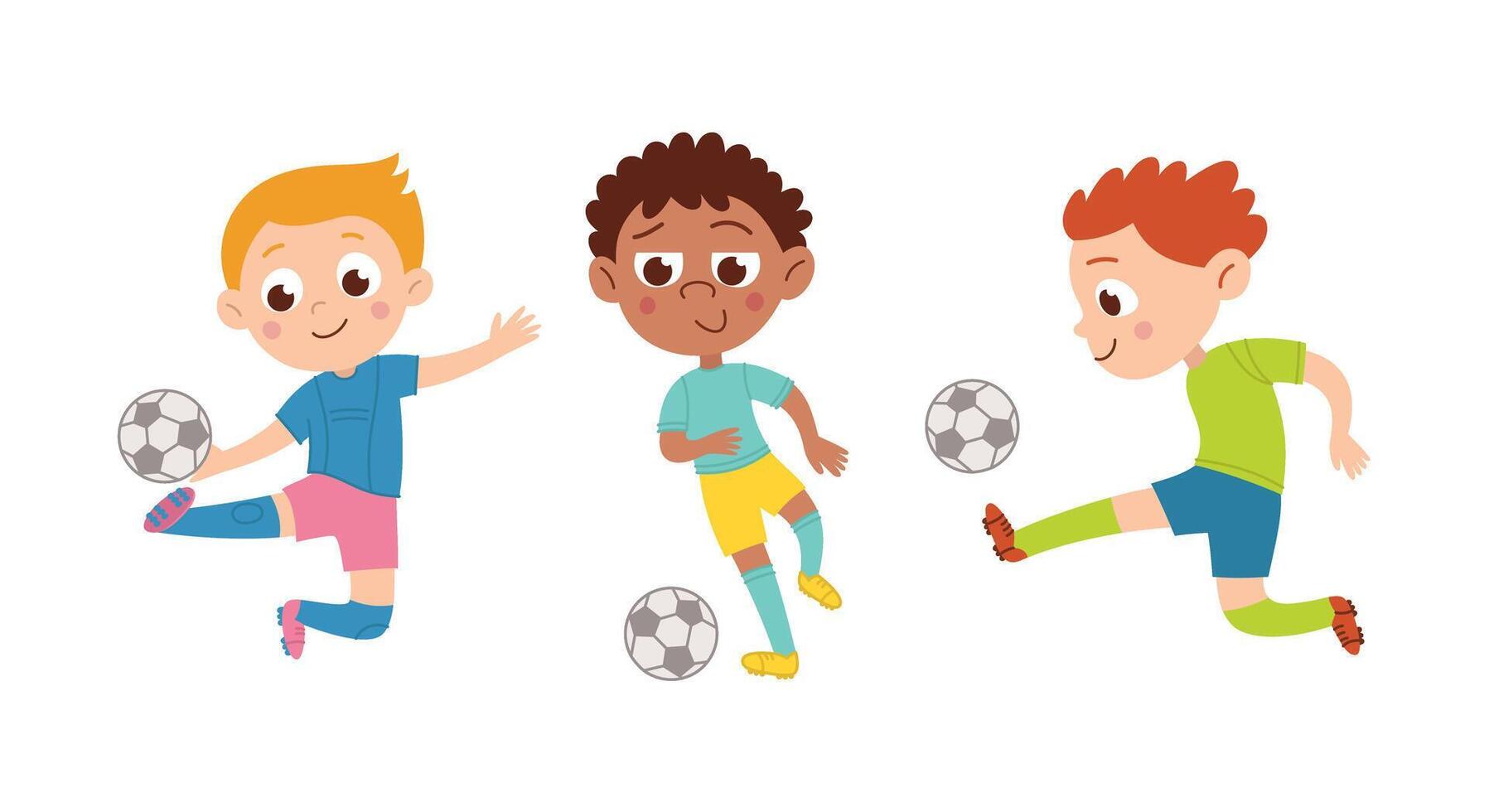 Young football players. A boy plays with a ball. International. Different poses. Vector flat cartoon illustration isolated