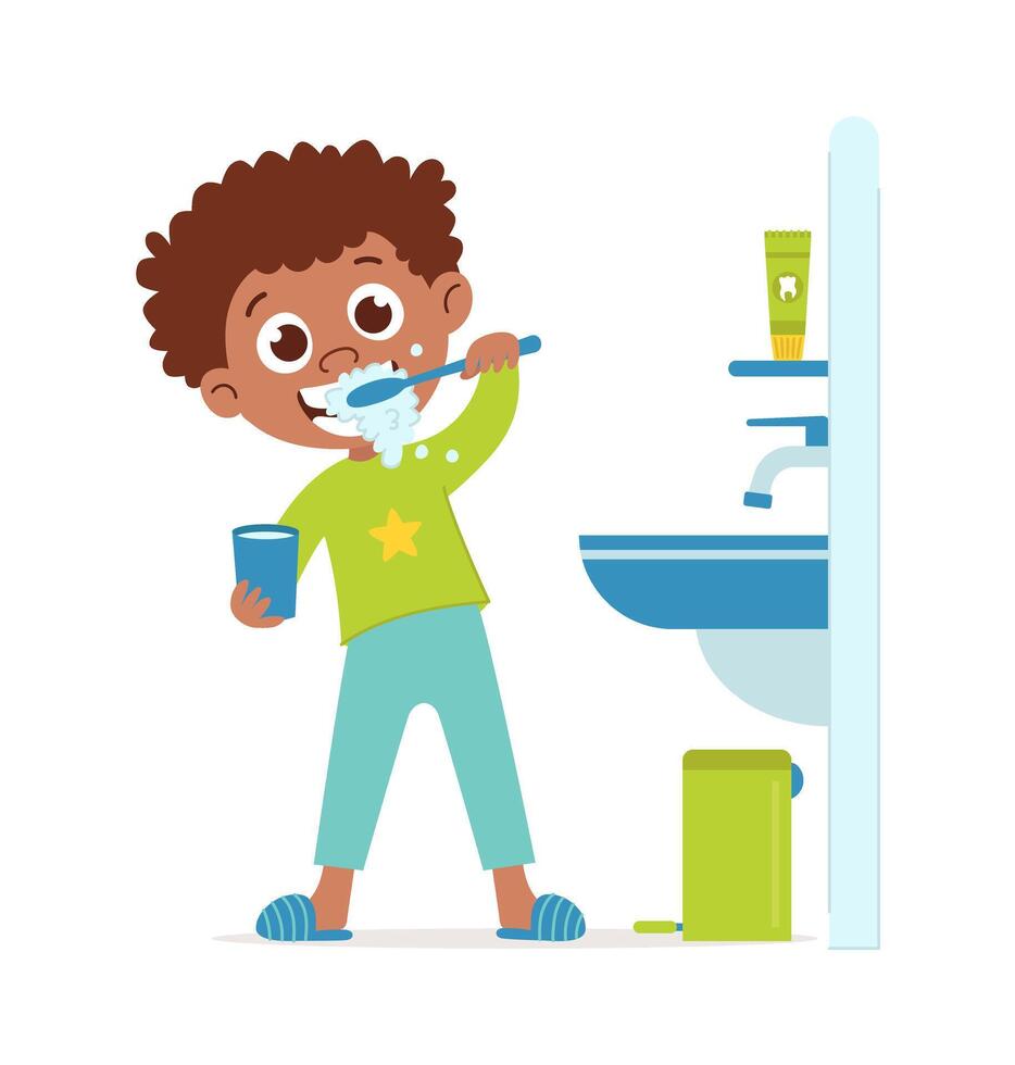 A black boy brushes his teeth. Child and oral hygiene. Vector flat cartoon isolated illustration