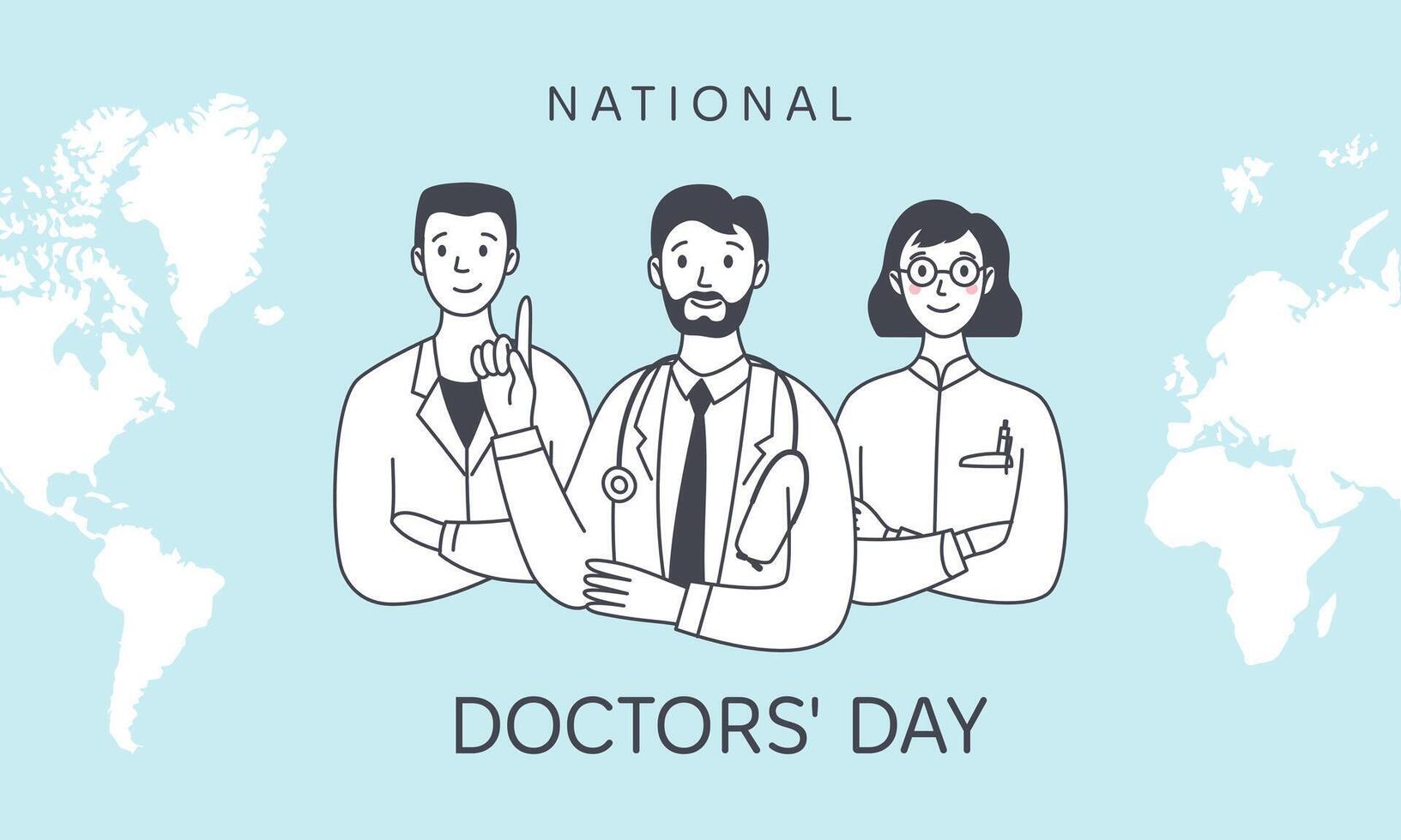 National Doctors Day banner. Friendly male and female medics against the backdrop of a world map. Medicine concept. Simple vector doodle illustration