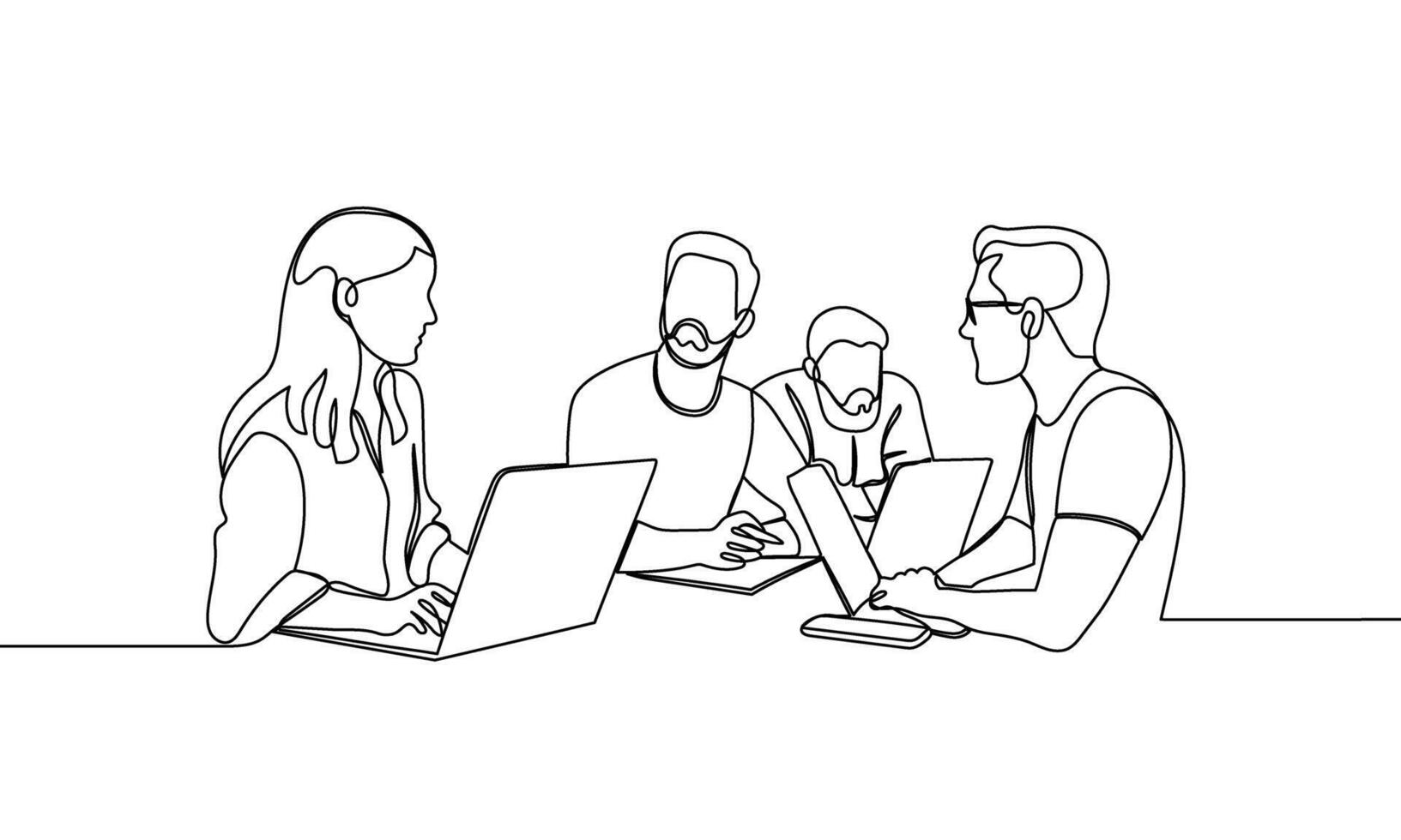 Continuous line of office workers, business team, at a business meeting with laptops. One line vector illustration