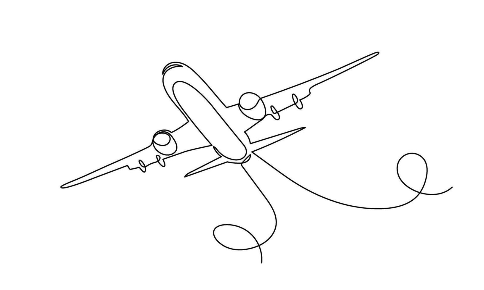Continuous line of a flying airplane. Line art. Black simple line on a white background. Vector linear illustration