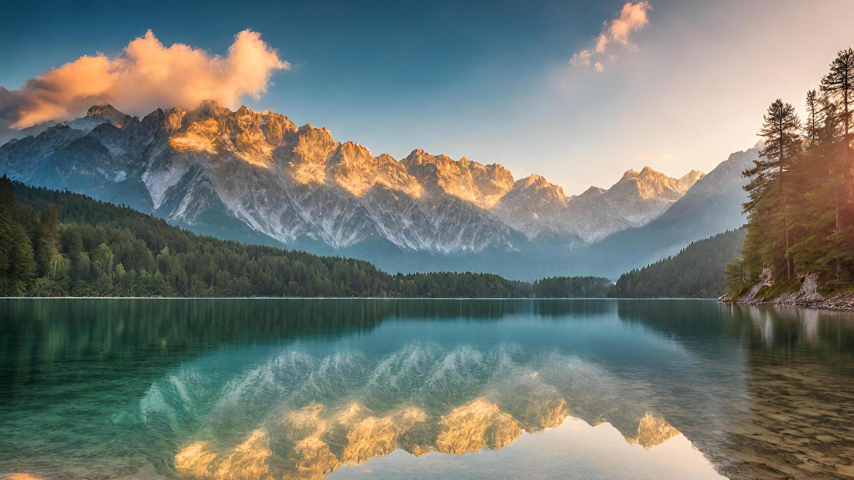 AI generated Impressive summer sunrise on Eibsee lake with Zugspitze mountain range. Sunny outdoor scene in German Alps, Bavaria, Germany, Europe. Beauty of nature - 1 photo