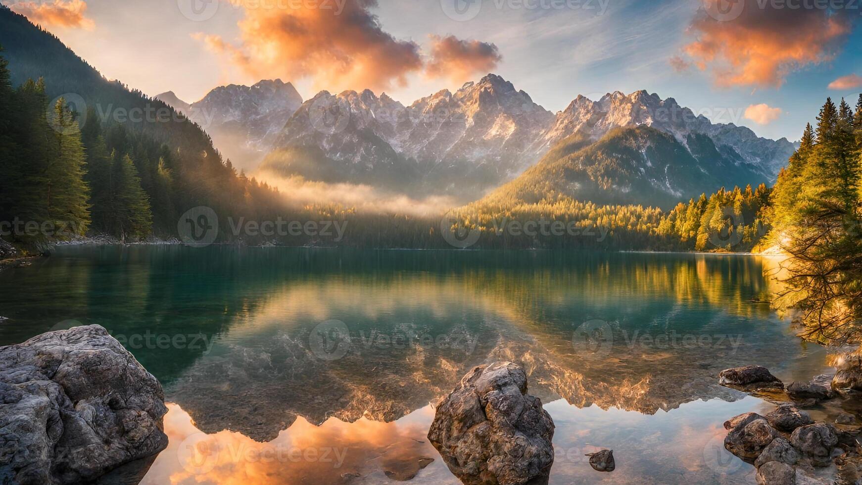 AI generated Impressive summer sunrise on Eibsee lake with Zugspitze mountain range. Sunny outdoor scene in Europe. Beauty of nature - 1 photo