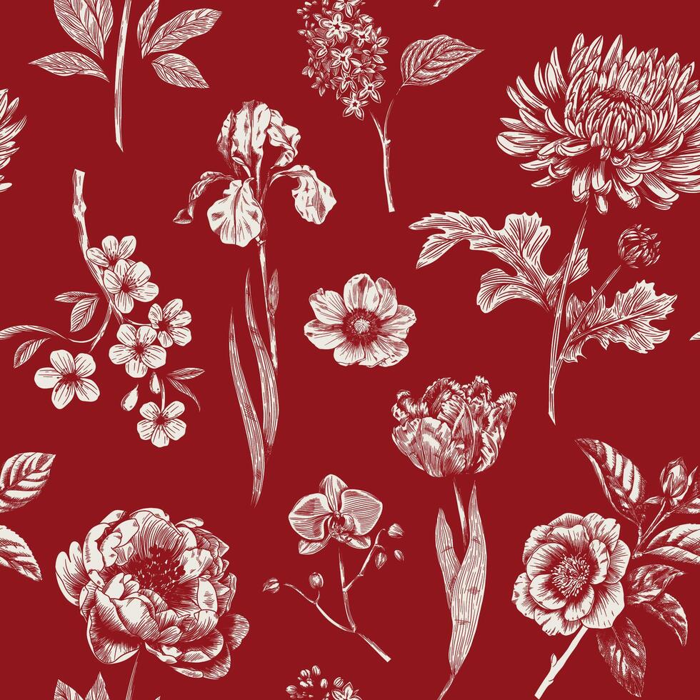 resumen moderno floral sin costura modelo con mano dibujado flor en toile Delaware alegría estilo. retro elegancia repetir impresión. Clásico diseño para tela, fondo de pantalla o envase vector