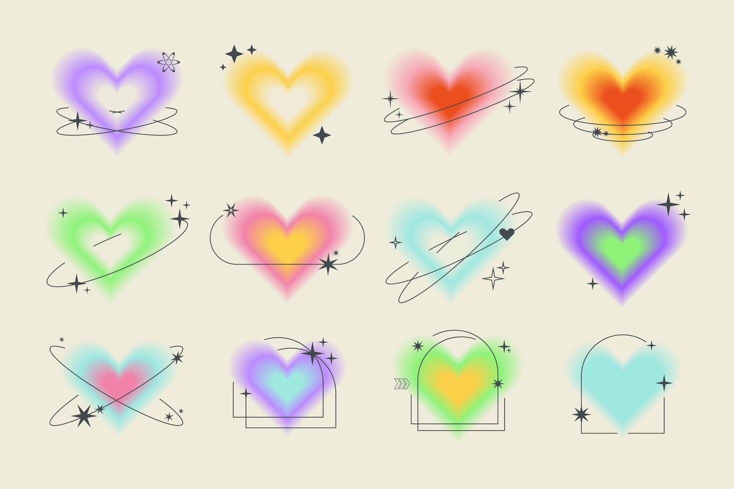 Y2k aesthetic blurred gradient aura hearts with linear circles, stars. Trendy set of modern blurry figures in brutalism style. Romantic transparent heart elements for social media background, posters vector