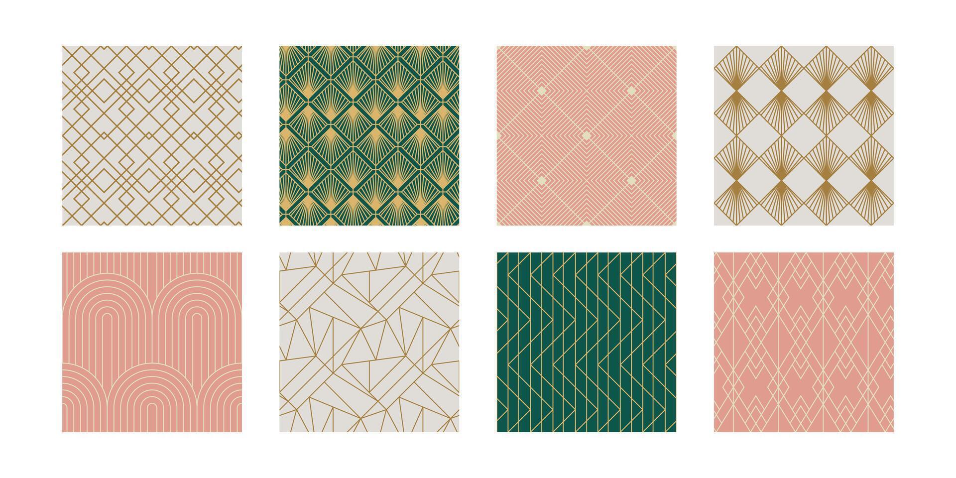 Set of Vintage Art Deco Seamless Pattern. Line art geometric gold shapes. Modern ornaments vector illustration. Gatsby retro elegant background for fabric, wallpaper or wrapping