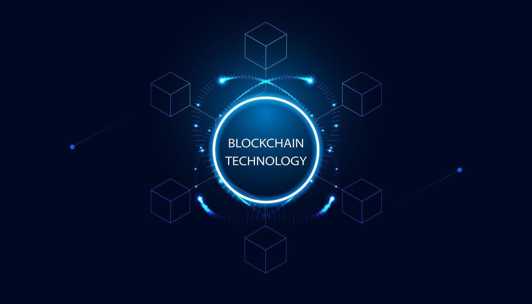 Blue circles and neon lights. Connected squares. blockchain technology cryptocurrency and fintech square cube crypto operations Connect block, data transmission, new technology system. vector