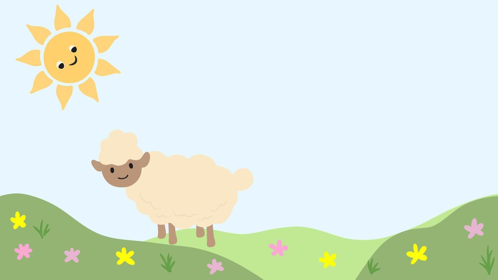 illustration of a sheep in green field with flowers and the sun, graphic vector