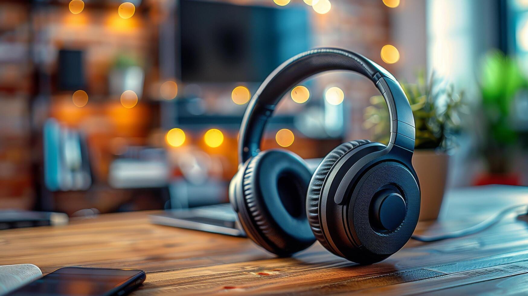 AI generated Headphones Resting on Wooden Table photo