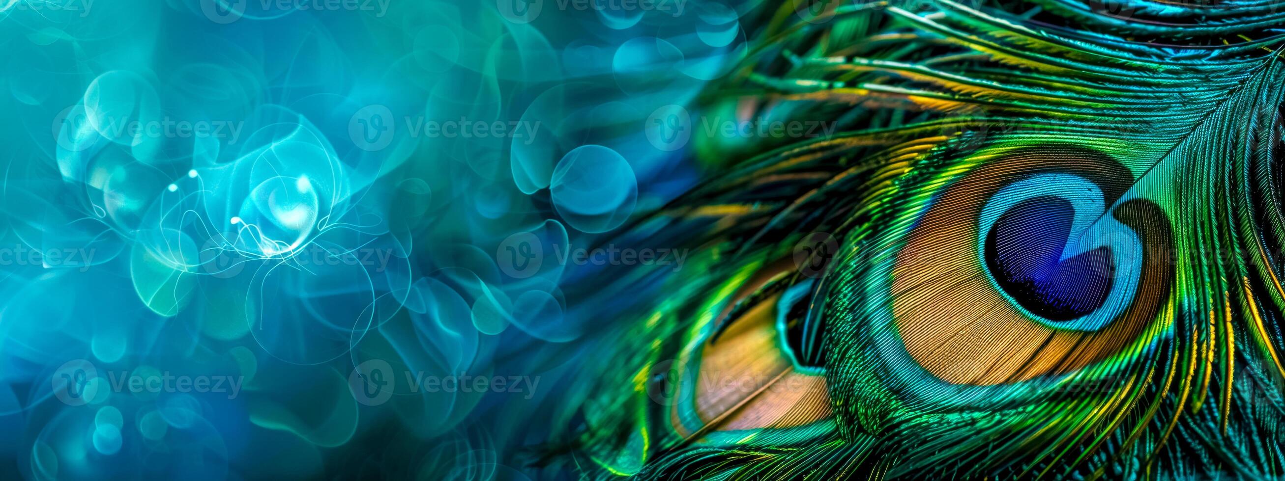 AI Generated Vibrant peacock feather close-up with bokeh lights photo