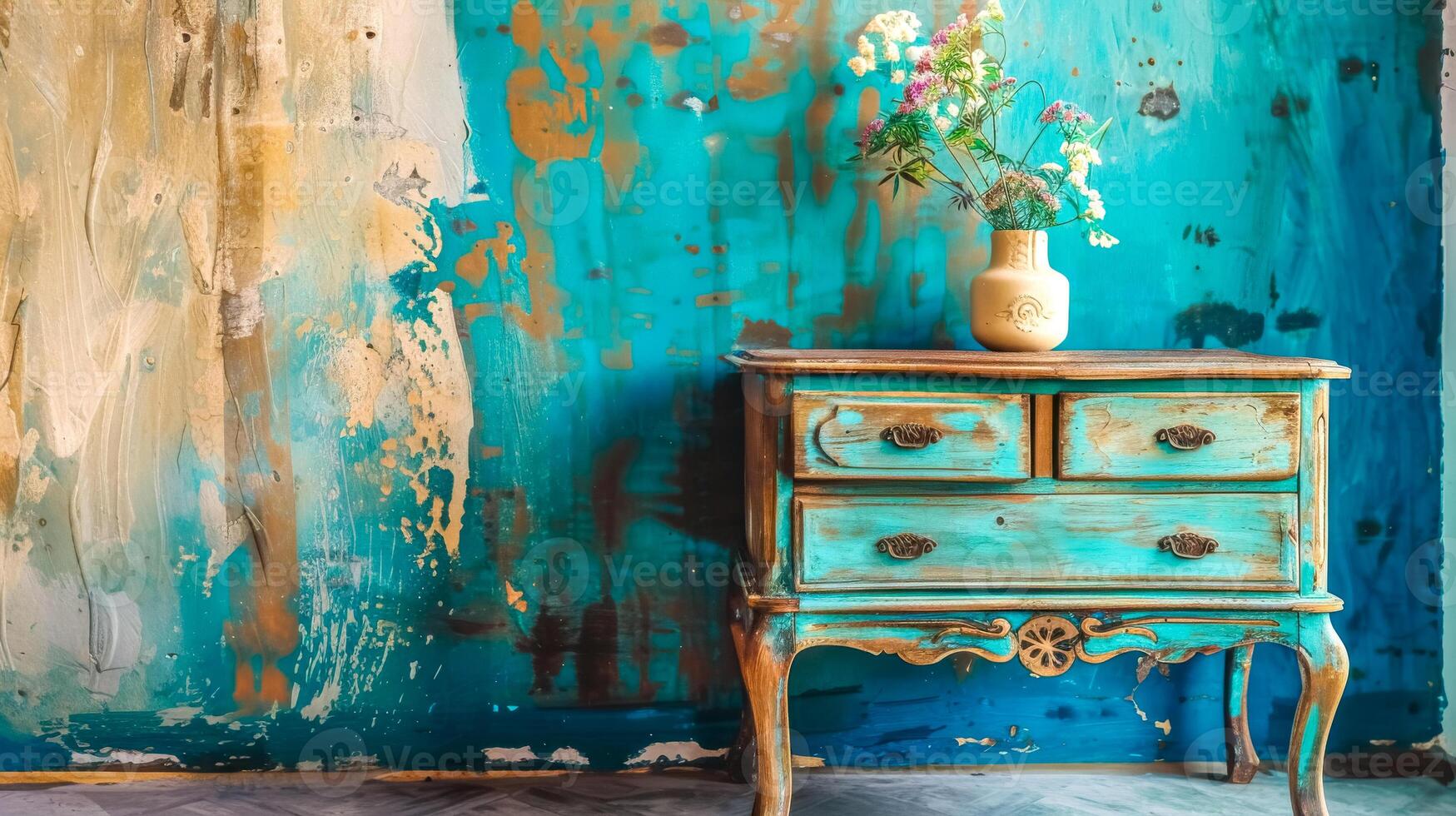 AI Generated Vintage dresser with vase against distressed wall photo